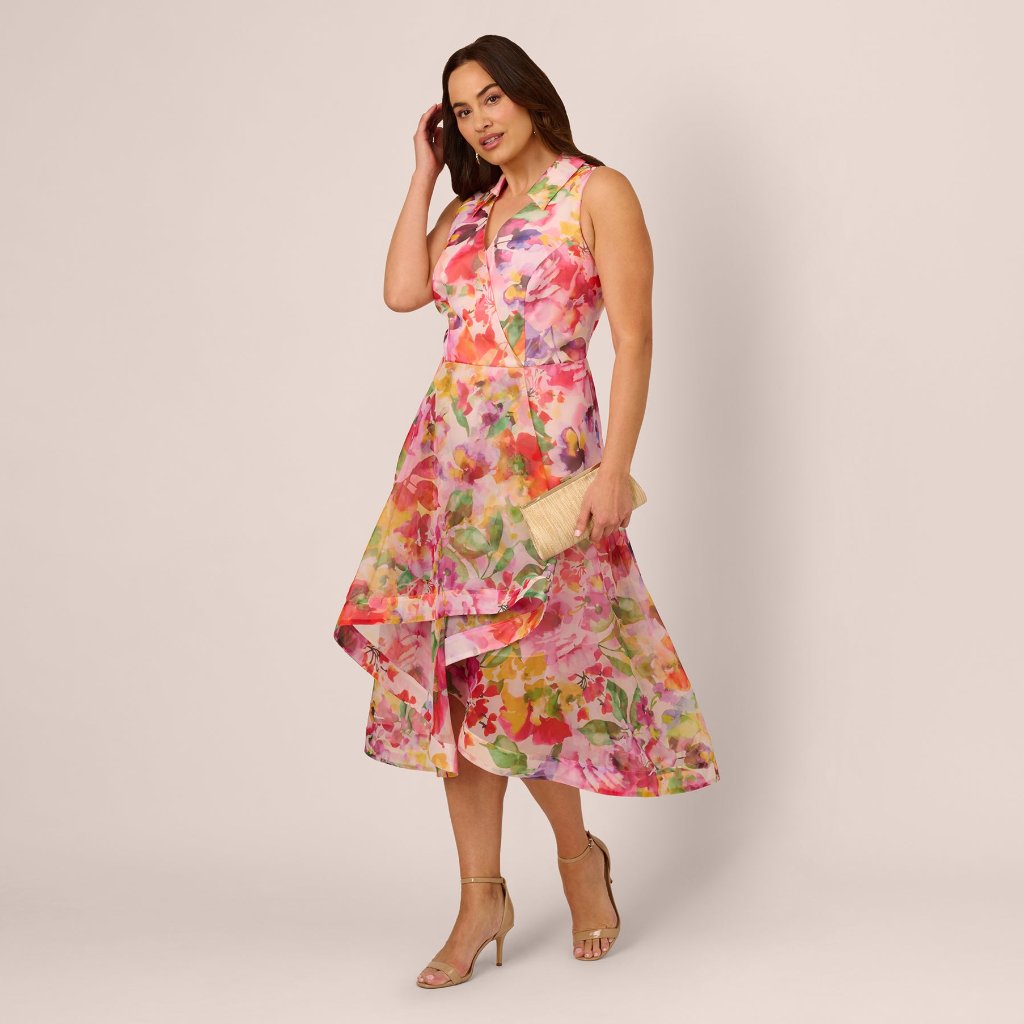 Adrianna Papell Plus Size Sleeveless Floral Organza Collared High Low Dress In P